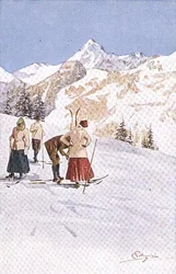 Lyžaři se zastavili na sjezdovkách (barva litho)