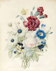 Sprej květin včetně růže, modrého konvolvulu a macešek, 1830 (wc a tělová barva na papíře)