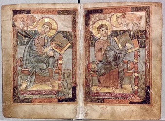 NAL 1203 fol.1v-2 Svatý Marek a sv. Lukáš, z evangelia Godescale, kolem 1781-783