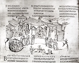 Různé scény ilustrující žalm z Utrechtského žaltáře, kopie originálu z Remeše nyní v knihovně Utrechtské univerzity (pero a inkoust)