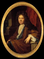 Portrét Jeana de la Bruyere (1645-1696) moralista francais Painting připisovaný Casparovi (Gasparu) Netscherovi (1639-1684). Slunce 17. století. 0,44x0,36 m - Portrét Jeana de la Bruyere (1645-1696), francouzského moralisty. Obraz připisovaný Gasparovi (Ca