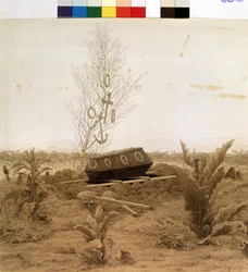 "Na okraji hrobu" Rakev, která má být spuštěna na dno hrobu. Kresba perem od Caspara Davida Friedricha (1774-1840) kolem roku 1830 Puškinovo muzeum, Moskva
