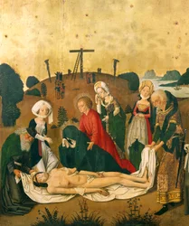 Depozice Krista, detail z oltářního obrazu pro vysoký oltář kostela svatého Martina v Colmaru, cca 1462-1465, od Caspara Isenmanna (cca 1430-1484)