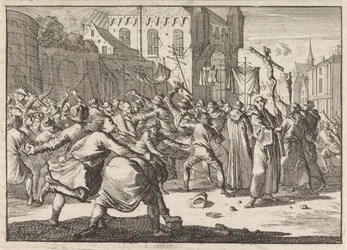 V Gdaňsku vítají lidé průvod s kamennými schody, 1678