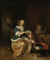 Interiér s matkou česající vlasy svého dítěte, známý jako „mateřská péče“, 1669