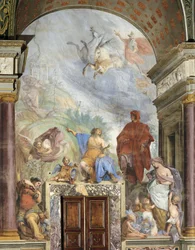 Lorenzo Velkolepý rozhovor s Prudence, freska Francesca Montelaticiho známá jako Cecco Bravo (1607-1661), Muzeum stříbra, Palác Pitti, Florencie, Itálie