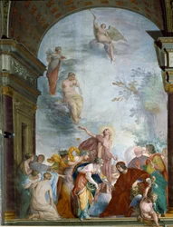 La Renommee ovizuje činy Lorenza de Medici Velkolepého (Laurent de Medici le Magnifico) (1449-1492) Freska od Cecco Bravo (Francesco Montelatici) (1607-1661) kolem roku 1635 Florencie, Palazzo Pitti, Sala degli Argenti