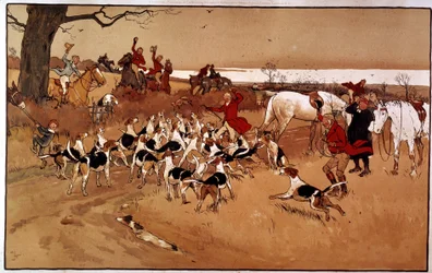 Lovecká scéna běžela; Střílení. Rytina Cecil Aldin (1870 -?), Anglie. Kol. Část
