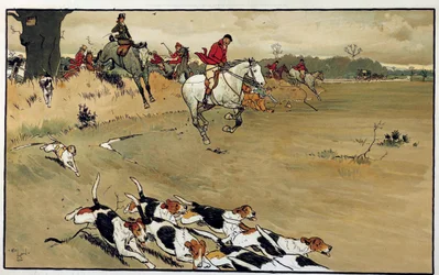 Lovecká scéna, psí smečka štěká po hře Akvarel od Cecila Aldina (1870-1935) Soukromá sbírka z 19. století