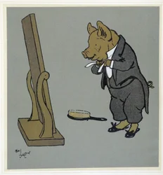Prase, které se upravuje, upravuje si uzel na kravatě před zrcadlem - ve „Veselé párty“, nemocný. od Cecil Aldin, ed. Hodder & Stoughton, Londýn