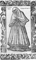 Renesance: kurtizána v době papeže Pia V. (1566-1572). Rytina z „“Moderních a starověkých kostýmů“” od Cesare Vecellia