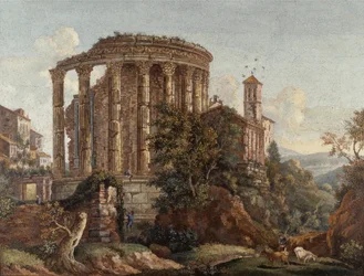 Jeden z dvojice římských mikromozaikových obrazů "Vestin chrám", cca 1774-75 (mozaika)