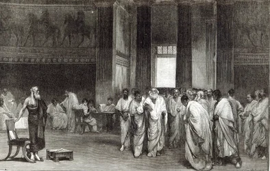 Appius Claudius přesvědčil Senát, aby odmítl Pyrrhovu nabídku míru, z „Hodiny volného času“, 1891