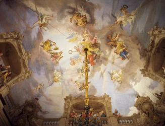 Alegorie Itálie, freska Cesare Mariani (1826-1901), strop, Síň většiny, Palazzo delle Finanze (Palác financí), Řím. Itálie