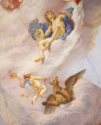 Detail z Alegorie Itálie, freska Cesare Mariani (1826-1901), strop, Síň většiny, Palazzo delle Finanze (Palác financí), Řím. Itálie