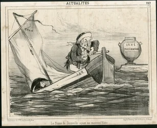 Ilustrace Chama (1819-1879) v Le Charivari, cca 1850 - Princ z Joinville má špatného pilota - Volby, prezident republiky, Maritime Marine Nautique Balneaire - Thiers Adolphe, Francois d
