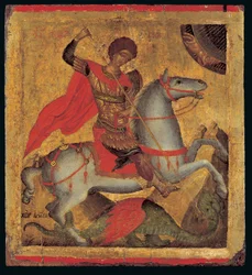 Ikona sv. Jiří na koni, zabíjení draka (vaječná tempera na dřevě)