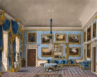 Modrý sametový sál, rytina Daniel Havell (1785-1826), Podle návrhu Charlese Wilda (1781-1835), Z historie královských sídel