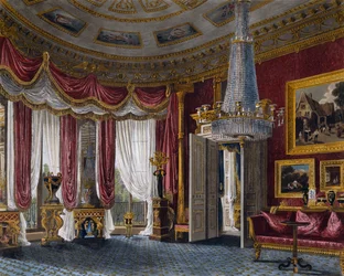 Růžový saténový salon, rytina Richarda Reeve (narozen v roce 1780), podle návrhu Charlese Wilda (1781-1835), Z historie královských sídel