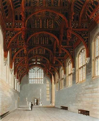 Gotický sál, Hampton Court, z „Dějiny královských sídel“, vyrytý Williamem Jamesem Bennettem (1769-1844), Williamem Henrym Pynem (1779-1843)