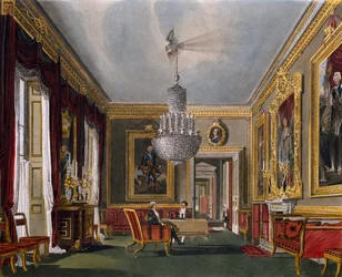 Západní předsíň, rytina Richarda Reevea (narozen v roce 1780), podle návrhu Charlese Wilda (1781-1835), z historie královských sídel