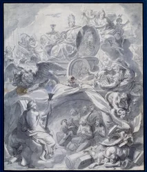 Alegorie: ""Vítězná církev kacířství aneb Triumf náboženství"" Kresba kvaše a mytí dílny Charlese Lebruna (Le Brun) (1619-1690) Paříž 17. století, Musee du Louvre