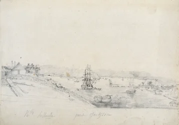 Vpravo tábor Francouzů expedice Baudin do bodu Bennelong, vlevo Sydney, domov Nicolase Bayleyho - tužka a inkoust Charles Alexandre Lesueur