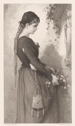 Mladá žena přináší květiny do výklenku se sochou Marie Marguerite (titul na předmětu)