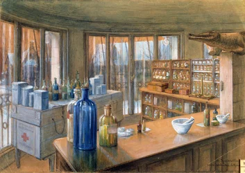 Lékárna holandské vojenské nemocnice v Paříži, 1917 (tužka a křída na papíře)