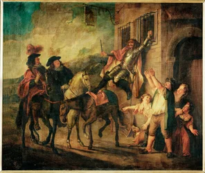 Don Quichotte attache a unse fenetre par la malice de Maritorne - Don Quijote je díky Maritornově zlobě připoután k oknu...