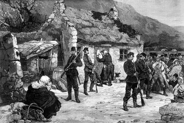 Vystěhování irského farmáře anglickou policií, tisk F. Mollera, z "Le Monde Illustré", 1880