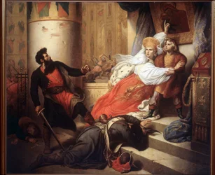 Matka (Nathalie Narychkine, Natalia Narychkina) (1651-1694) zachraňující Petra I. z Ruska (nebo Petra Velikého) jako dítě během Streltsyho povstání (strelets) v roce 1682 (Matka zachránila Petra I. jako dítě během Streltsy Povstání roku 1682). Vymalováno