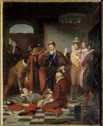 Jindřich III., francouzský král, odstrkuje tělo Jindřicha I. Lotrinského, vévody z Guise, zvaného Zjizvený (1550-1588), po jeho zavraždění na zámku Blois
