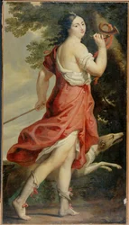 Mme. de Montespan, maitresse de Louis XIV, en Diane - milenka Ludvíka XIV. jako bohyně Diana... (malba na plátně)