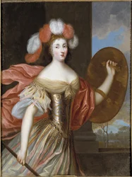 Olympe Mancini, hraběnka ze Soissons jako Athéna - Portrét Olympie Mancini (1638-1708), hraběnky ze Soissons jako Athény, Charles Beaubrun (1604-1692). Olej na plátně. Rozměry: 130x99 cm. Nationalmuseum Stockholm