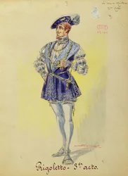 Kostým vévody mantovského z III. dějství Verdiho opery Rigoletto (1813-1901) (akvarel na papíře)