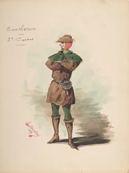 Costume Design for Touchstone [a], Popisný list kostýmů a doplňků..., 1889.