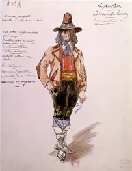 Kostým kočího pro operu “” Paillasse”” (pagliacci, klauni) od Ruggera Leoncavalla (1857-1919) z roku 1892. Akvarel od Charlese Bianchiniho (1860-1905)