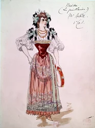 Kostým Nedda nebo Colombine pro operu "" Paillasse "" (klauni, klauni) od Ruggera Leoncavalla (1857-1919) z roku 1892. Akvarel od Charlese Bianchiniho (1860-1905)