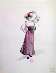 Kostým mladé ženy (Nedda nebo Colombine?) pro operu “” Paillasse”” (komedianti, klauni) od Ruggera Leoncavalla (1857-1919) z roku 1892. Akvarel od Charlese Bianchiniho (1860-1905)