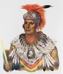 Wapella neboli knížecí náčelník Foxů, 1837, ilustrace z knihy „Indiánské kmeny Severní Ameriky, sv. 2“, Thomas L. McKenney a James Hall, vydal John Grant