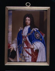 Portrétní miniatura Johna Mannerse, 2. vévody z Rutlandu (1676-1721) v podvazkovém rouchu, kolem roku 1715 (smalt na kovu)