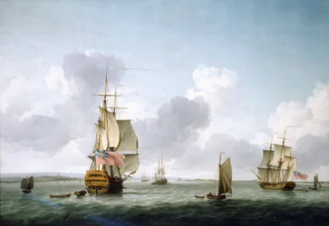 Dvoupatrová loď a fregata plující po Temži (Anglie) u Gravesendu. Olej na plátně, Charles Brooking (1723-1759).