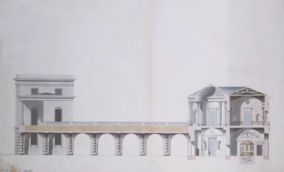 Průřez achátovým pavilonem a visutou zahradou v Carskoje Selo, kolem roku 1780 (pero a inkoust s wc na papíře)