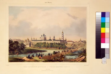 Pohled na Sarovský klášter. Klášter Seraphim (Serafim) ze Sarova (1759-1833), pravoslavného světce. Dílo Charlese Clauda Bacheliera (1. polovina 19. století), rytina kolorovaná akvarelem, počátek 19. století. Umění