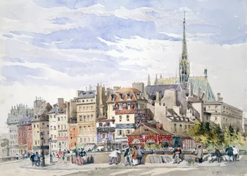 Sainte-Chapelle a Justiční palác u nábřeží Pont Saint-Michel". Akvarel. Charles Claude Pyne (1802-1878) Anglický malíř krajin a žánrů. Paříž, Francie