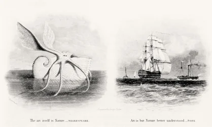 Obří chobotnice a dvě lodě na moři, vyryté George Cooke (1781-1834)