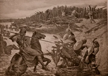 Caesar překračuje Temži, ilustrace z „Hutchinsonových dějin britského národa“, kolem 1920