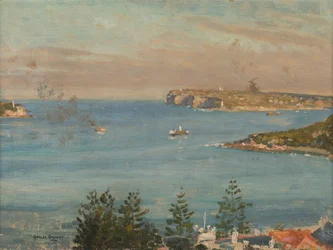Pohled směrem k Sydney Heads ze severu města (olej na palubě)