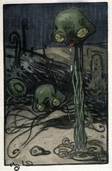 Obyvatel planety Mars. Ilustrace M. Dudouyt (1885-1946) k románu Herberta George Wellse (1866-1946) „Válka světů“.